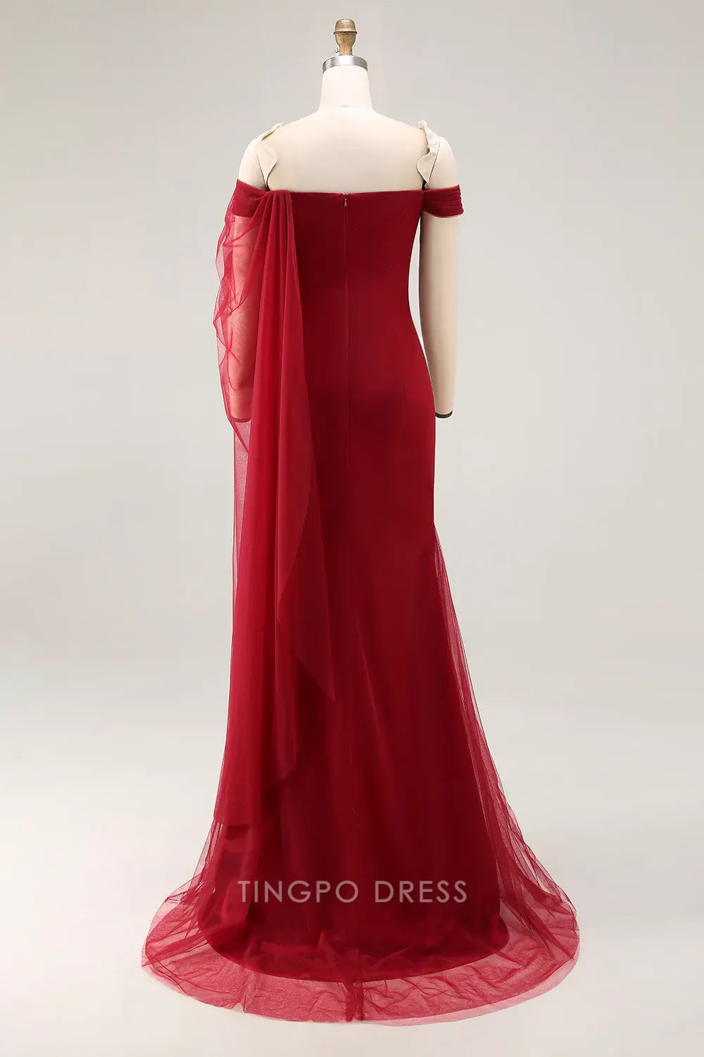 Elegant Mermaid Off-Shoulder Ruched Tulle Drape Mermaid Maxi Dress Prom Dress